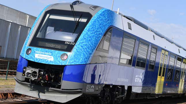 A photo of one of the blue hydrogen-powered trains now in service in Germany. 