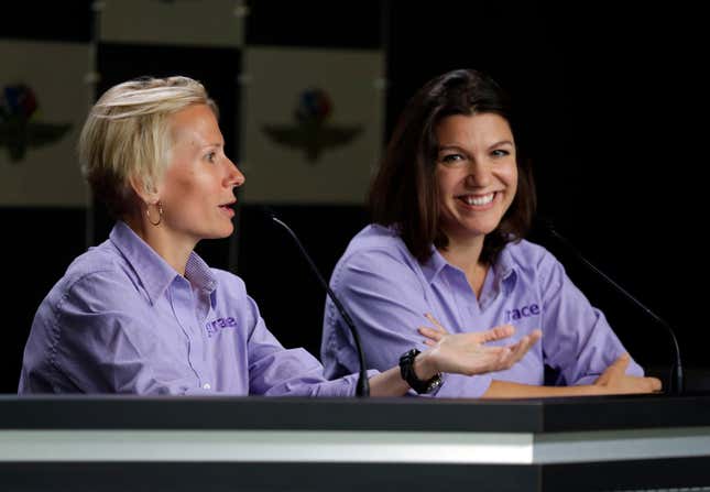 Beth Paretta (left) and Katherine Legge (right) announce the formation of Grace Autosport, an all-female Indy 500 team
