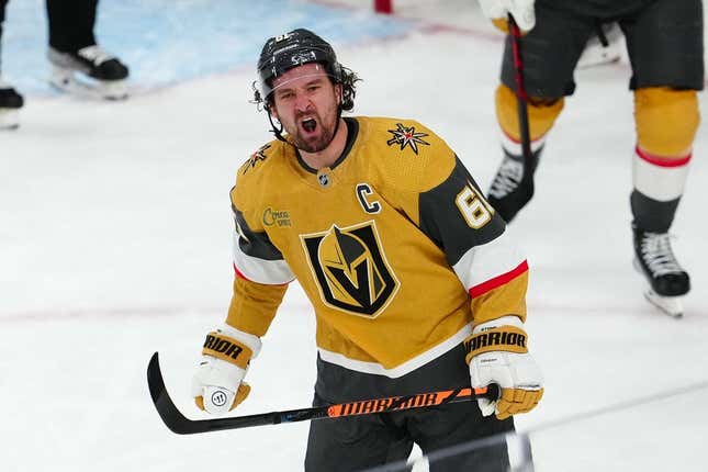 Apr 20, 2023; Las Vegas, Nevada, USA; Vegas Golden Knights forward Mark Stone (61) celebrates after scoring a goal against the Winnipeg Jets during the third period of game two of the first round of the 2023 Stanley Cup Playoffs at T-Mobile Arena.