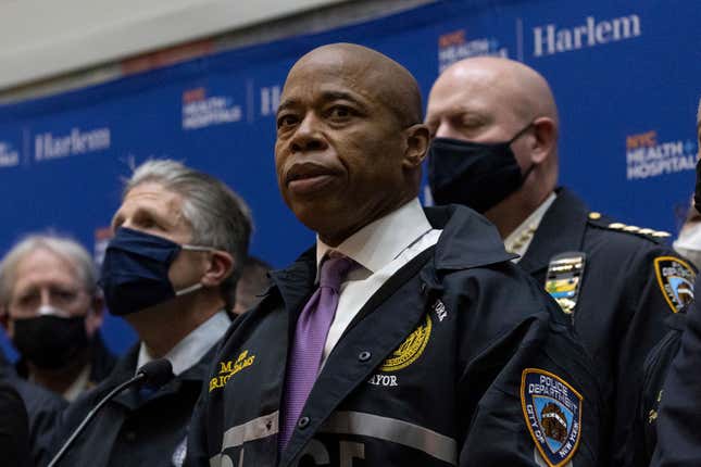 New York City Mayor Eric Adams speaks during the news conference at Harlem Hospital after the shooting in Harlem on Jan. 21, 2022, in New York. Adams, a former New York City police captain, took office this year with a central focus on making the city feel safe and trying to return it to some sense of normalcy post-pandemic. But the first 3 1/2 months of his administration have been beset by a string of high-profile violent incidents, with the Tuesday, April 12, shooting on a subway train the most terrifying and public of all. 