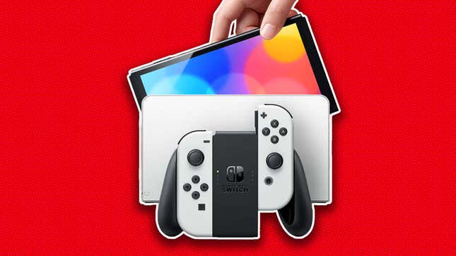 An image shows a Nintendo Switch in front of a red background. 