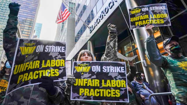 Members and supporters of the of the United Mine Workers of America demonstrate outside BlackRock headquarters on Nov. 4, 2021, in New York. 