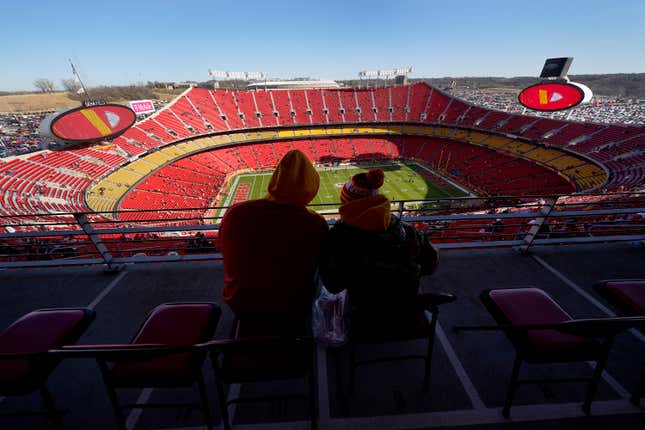 FILE - Fans sit inside Arrowhead Stadium, home of the Kansas City Chiefs, before an NFL football game, Dec. 12, 2021, in Kansas City, Mo. A coalition of professional sports teams is backing a new proposal to put the legalization of sports betting on Missouri&#39;s 2024 ballot. The group spearheaded by the St. Louis Cardinals also includes the Kansas City Chiefs and all four of the state&#39;s other major sports teams. (AP Photo/Charlie Riedel File)