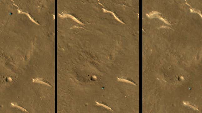 A cutout of 3 images taken of the Zhurong rover from March 2022 to February 2023.