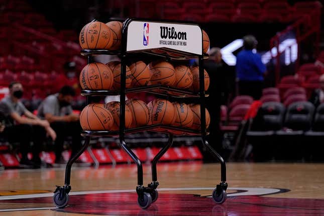 Oct 4, 2021; Miami, Florida, USA; A detailed view of a basketball cart on the court prior to the game between the Miami Heat and the Atlanta Hawks at FTX Arena.