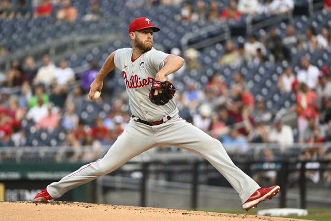 Jun 2, 2023; Washington, District of Columbia, USA; Philadelphia Phillies starting pitcher Zack Wheeler (45) throws to the Washington Nationals during the first inning at Nationals Park.