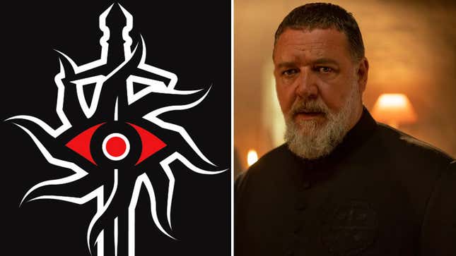 The Dragon Age: Inquisition symbol is shown next to a picture of Russell Crowe in The Pope's Exorcist.