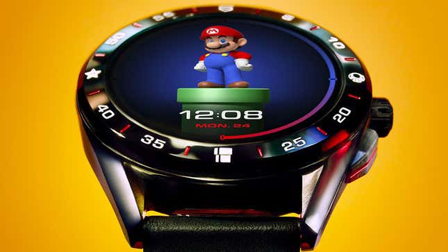 a closeup photograph of the tag heuer x super mario collection watch