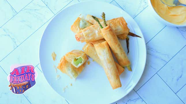 Vegetables wrapped in phyllo dough on a plate.