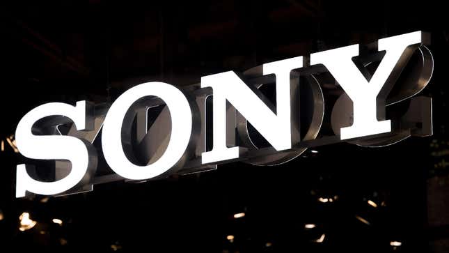 An illuminated Sony logo is suspended on a black background.