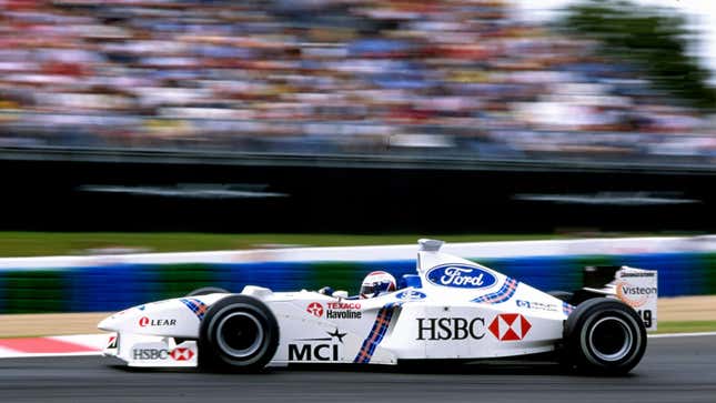 A photo of the white and blue Stewart Grand Prix F1 car from 1998. 
