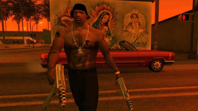 A screenshot shows a man with no shirt on carrying two guns in GTA San Andreas. 
