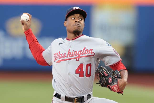 Apr 25, 2023; New York City, New York, USA; Washington Nationals starting pitcher Josiah Gray (40) delivers a pitch during the first inning against the New York Mets at Citi Field.