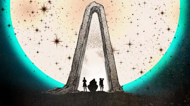 Three characters standing beneath a Borderlands vault statue while looking at a starry sky and giant moon. 