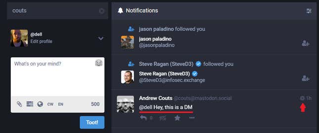 DMs appear in your notifications like all other mentions. The “@” symbol lets you know its a DM — at least in the web version of Mastodon.