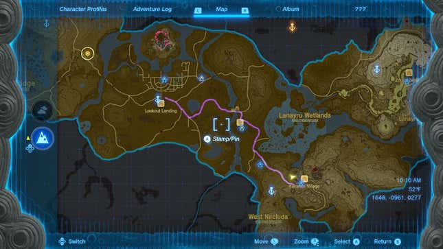 A map of Hyrule shows a highlighted route from Lookout Landing to Kakariko Village.