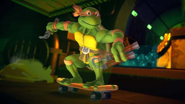 A mutated, humanoid turtle rides a skateboard with a blank stare.