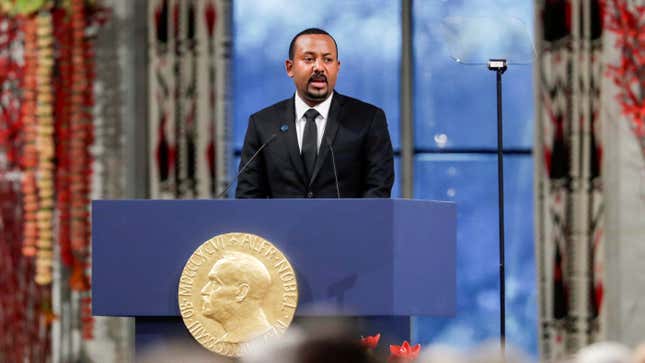 Nobel Peace Prize Laureate Ethiopian Prime Minister Abiy Ahmed Ali delivers his speech during the awarding ceremony in Oslo City Hall, Norway Dec.10, 2019.