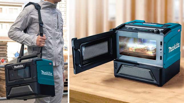 Two images showing the Makita cordless microwave being carried using a should strap, and the microwave on a construction site wooden workbench with the door open and a freshly heated meal inside it.