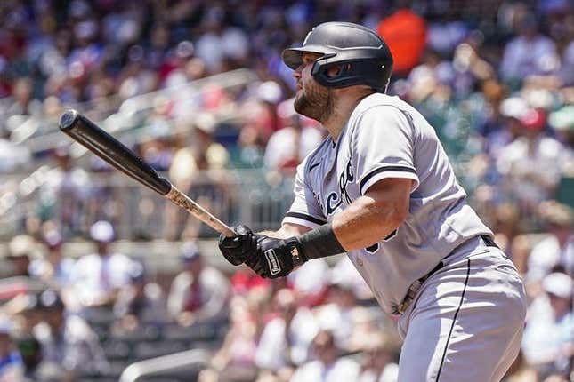 Jul 16, 2023; Cumberland, Georgia, USA; Chicago White Sox third baseman Jake Burger (30) shown after hitting a home run against the Atlanta Braves during the second inning at Truist Park.