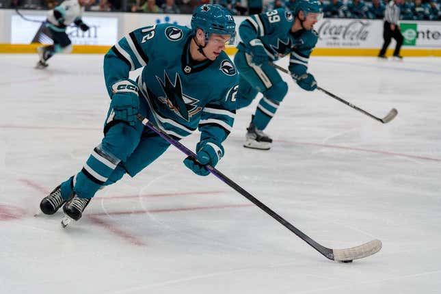 Mar 16, 2023; San Jose, California, USA; San Jose Sharks left wing William Eklund (72) skates with the puck during the first period against the Seattle Kraken at the SAP Center.