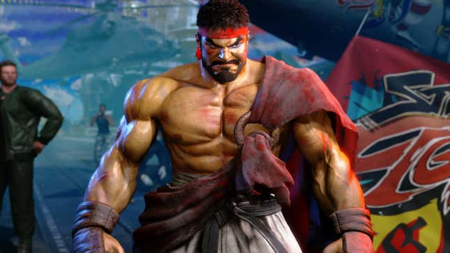 Ryu is seen bloody and bruised after a fight.