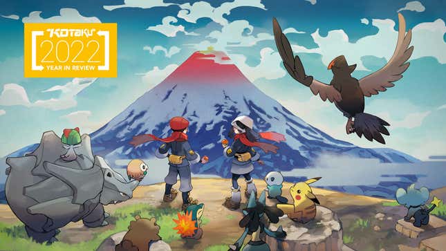 Rei and Akari are seen standing at the edge of a cliff, looking at Mt. Coronet. Rhyhorn, Ralts, Rowlet, Bidoof, Cyndaquil, Lucario, Oshawatt, Pikachu, Staraptor, and Shinx are standing behind the two humans, with PIkachu looking back at the camera.