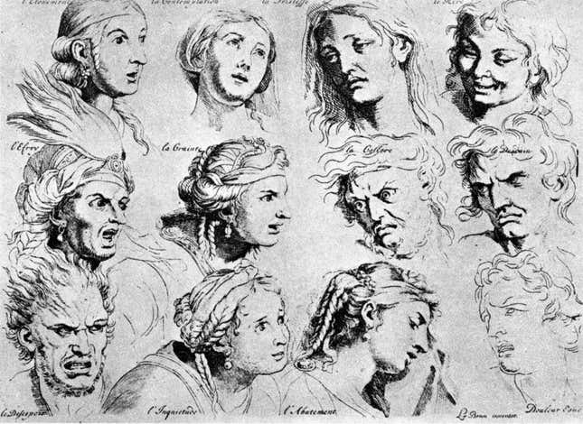 Sketches of emotional facial expressions, Charles Le Brun, 1698.