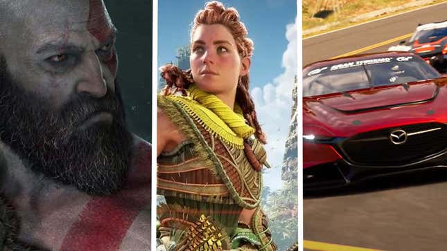 Kratos from God of War, Alloy from Horizon and a red car combined into a single image. 