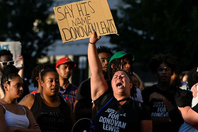 Family members, friends, and community members attend a rally in the name of Donovan Lewis at the Columbus Division of Police Headquarters on September 2, 2022, in Columbus, Ohio. Lewis, a 20-year-old Black man, was shot and killed while in bed by Columbus Police as they were serving an arrest warrant on August 30th. 