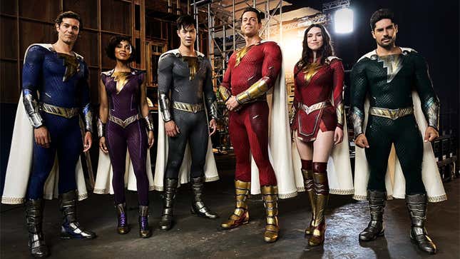 Zachary Levi, Adam Brody, Meagan Good, Ross Butler, D. J. Cotrona, and Grace Fulton on the set of Shazam! Fury of the Gods.