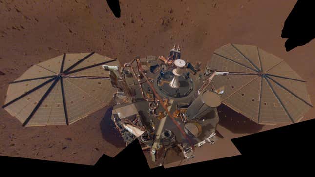 A dusty selfie of the InSight later, made up of a mosaic of 14 images taken in Spring 2021.