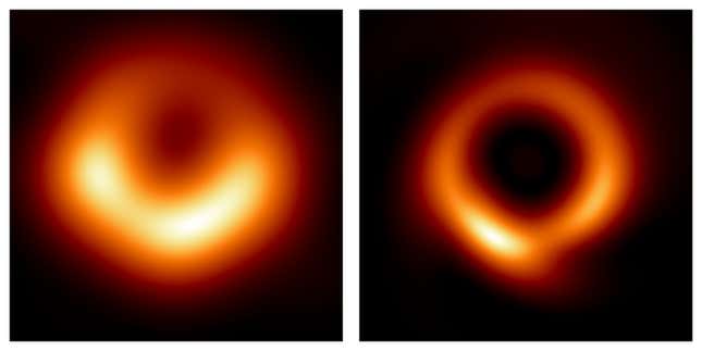 Das Originalbild (links) und das durch maschinelles Lernen verbesserte Bild (rechts) von M87*.