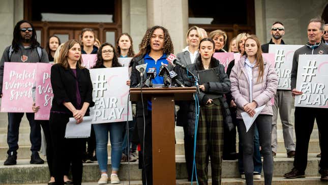 Alanna Smith, one of the plaintiffs whose anti-trans lawsuit was thrown out on Friday, at a press conference at the Connecticut State Capitol in February 2020.