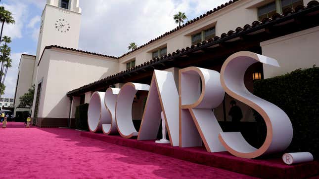  A backdrop for the red carpet is seen at Union Station, one of the locations for Sunday’s 93rd Academy Awards, Saturday, April 25, 2021 in Los Angeles, California.