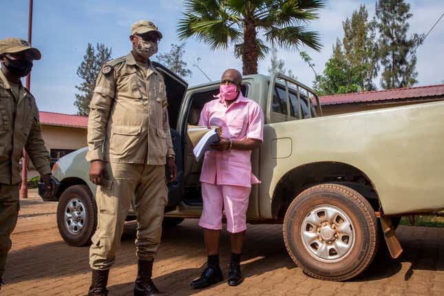  Paul Rusesabagina, whose story inspired the film “Hotel Rwanda”, wears a pink prison uniform as he arrives for a bail hearing at a court in the capital Kigali, Rwanda on Sept. 25, 2020. Rights activists and others are urging Rwandan authorities to free Rusesabagina, saying his health is failing after an appeals court upheld his 25-year jail term for terror offenses. Some activists who spoke during an online event Wednesday, April 13, 2022 said the U.S. could do more to free the 67-year-old recipient of the Presidential Medal of Freedom.