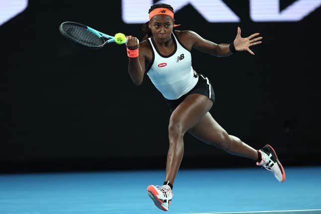 Coco Gauff of the United States plays a forehand in their round two singles match against Emma Raducanu of Great Britain during day three of the 2023 Australian Open at Melbourne Park on January 18, 2023 in Melbourne, Australia. 
