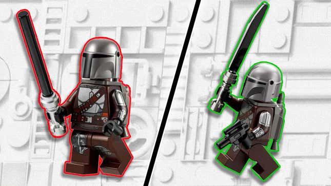 Bir görüntü, iki Lego Mando minifigürünü farklı Darksaber parçalarıyla karşılaştırır. 