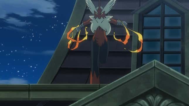 Mega Blaziken is shown standing on a roof.
