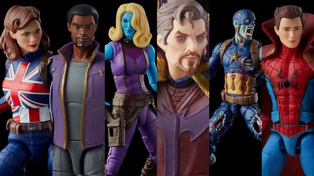 Captain Carter, T'Challa, Nebula, Doctor Strange Supreme, Zombie Captain America, and Spider-Man in action figure form.