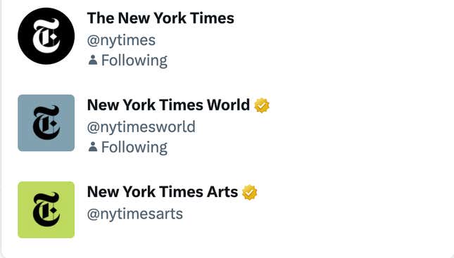 A screenshot showing the @nytimes account has lost its Twitter verified badge