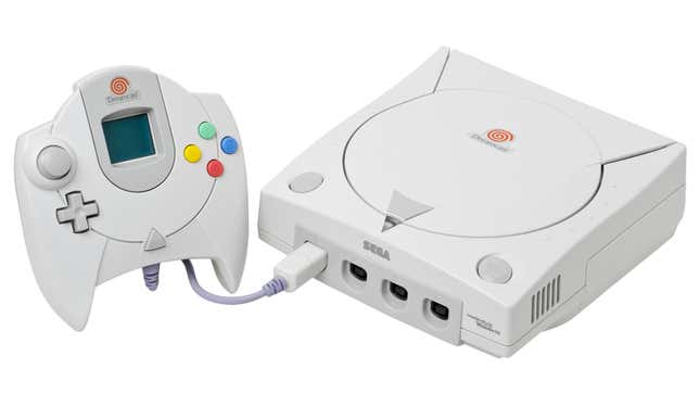 A Dreamcast console is seen in a white void.