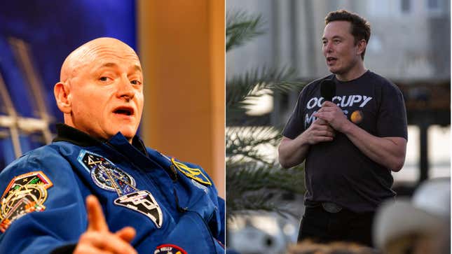 Left, Scott Kelly points to the camera in a NASA uniform, Right, Elon musk wears an Occupy Mars shirt and talks in a microphone