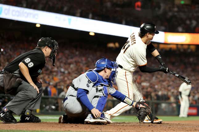 Home plate umpire Gabe Morales called out Wilmer Flores to end the Dodgers-Giants series.
