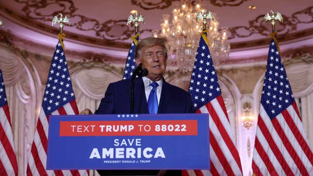 Former U.S. President Donald Trump speaks during an election night event at Mar-a-Lago on November 08, 2022 in Palm Beach, Florida.