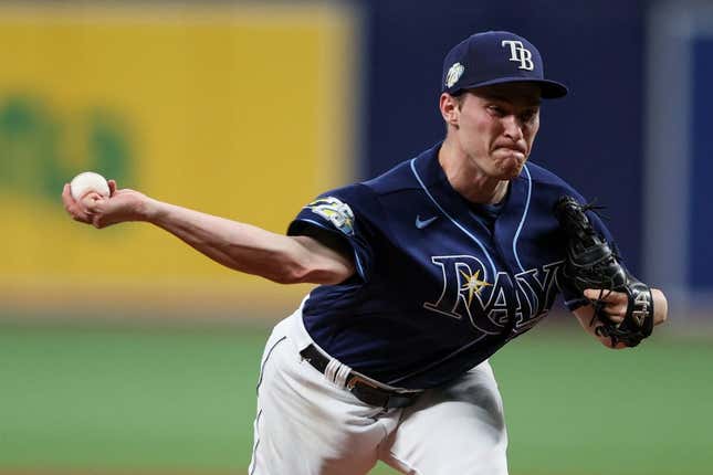 Aug 9, 2023; St. Petersburg, Florida, USA;  Tampa Bay Rays relief pitcher Kevin Kelly (49) throws a pitch against the Tampa Bay Rays in the fourth inning at Tropicana Field.