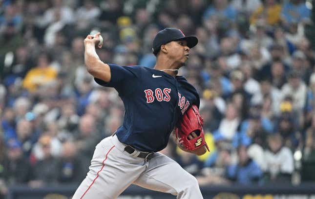 Apr 23, 2023; Milwaukee, Wisconsin, USA; Boston Red Sox starting pitcher Brayan Bello (66) delivers against the Milwaukee Brewers in the first inning at American Family Field.