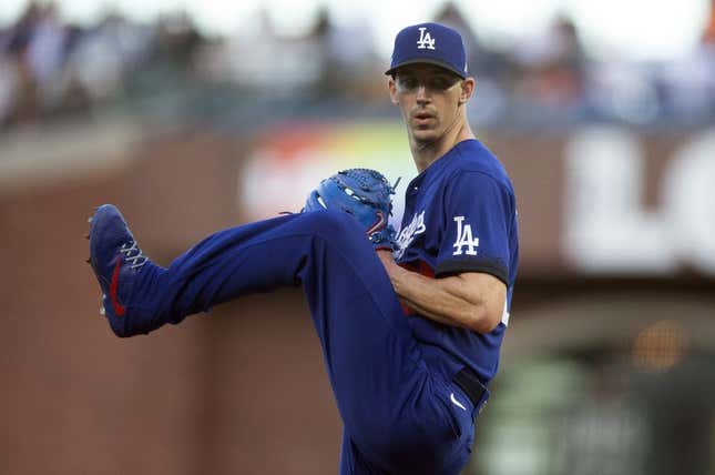 Jun 10, 2022; San Francisco, California, USA; Los Angeles Dodgers starting pitcher Walker Buehler (21) delivers a pitch against the San Francisco Giants during the second inning at Oracle Park.