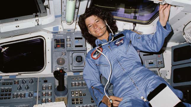STS-7 mission specialist Sally Ride floats in the microgravity of low Earth orbit on the aft flight deck of the orbiter Challenger during STS-7 in 1983.