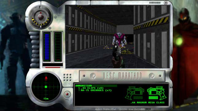 A composite image of Marathon art and gameplay of the original game shows a player fighting an enemy.